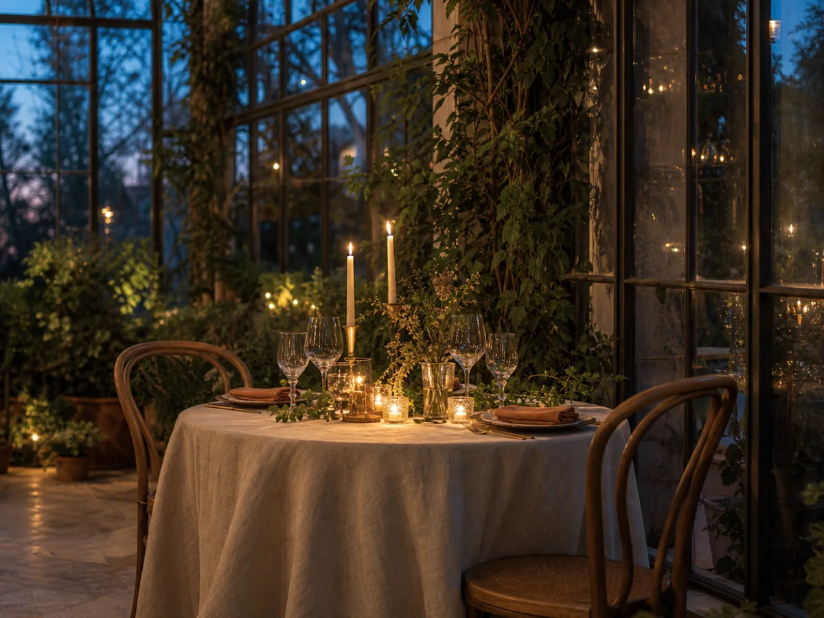 An intimate candlelit table inside a conservatory at blue hour