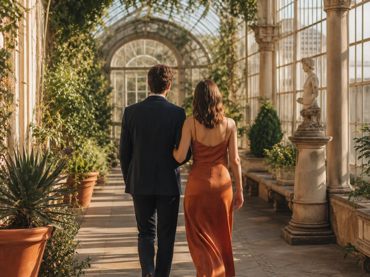 A couple in elegant evening clothes walking through a sunlit conservatory