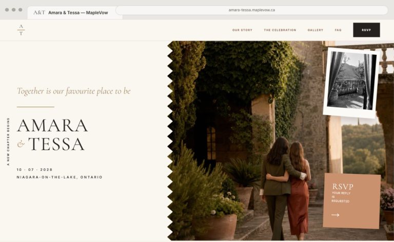 Aperçu du site de mariage Keepsake d’Amara et Tessa, deux femmes dans une villa en tenue de soirée élégante, avec un onglet de navigateur visible